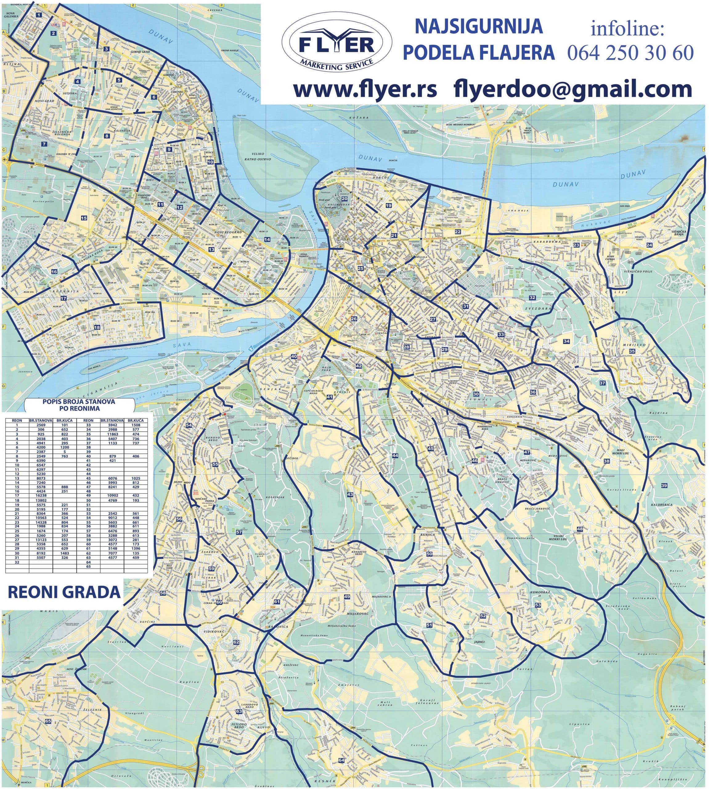 Mapa celog Beograda podeljenog na reone za podelu flajera